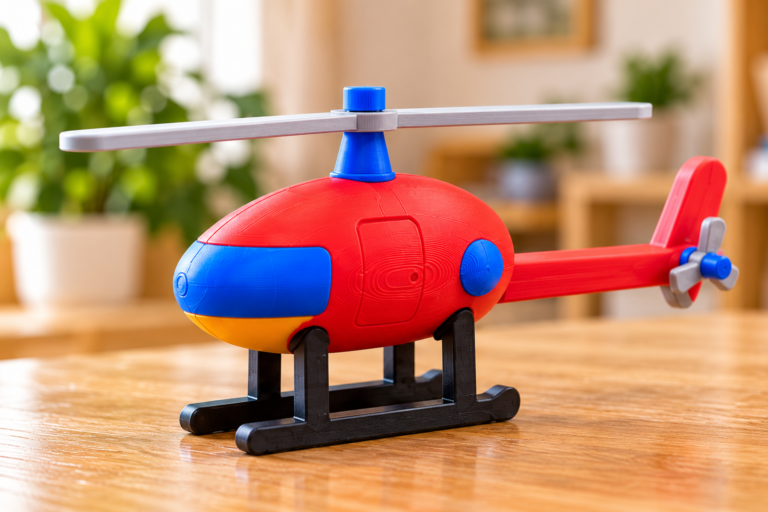 Finished 3D printed helicopter keepsake on a wooden table