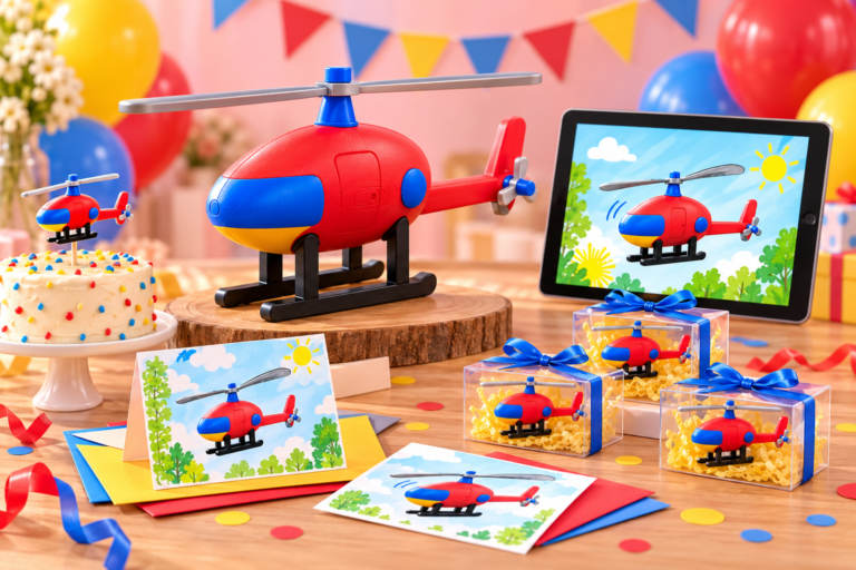 Coordinated helicopter birthday collection with a keepsake, invitation, cake topper and guest gifts