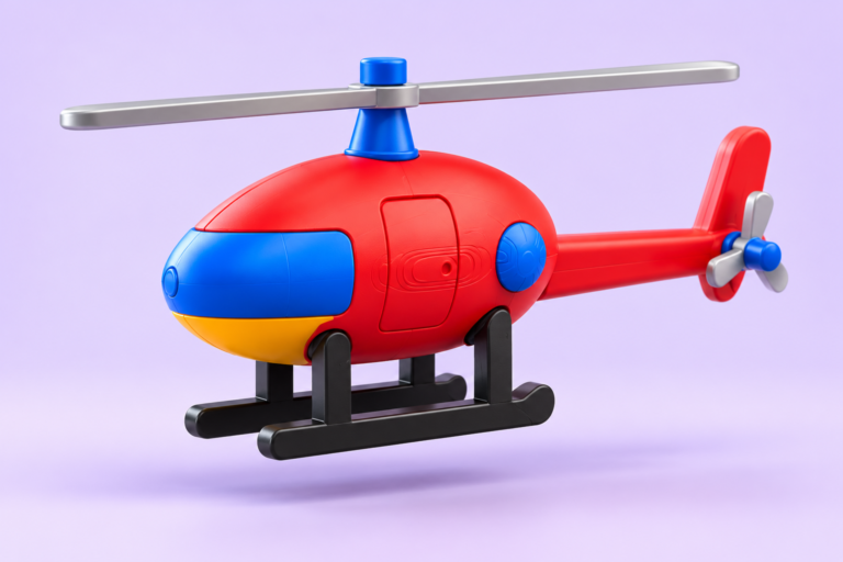 Digital 3D render of a red, blue and yellow helicopter
