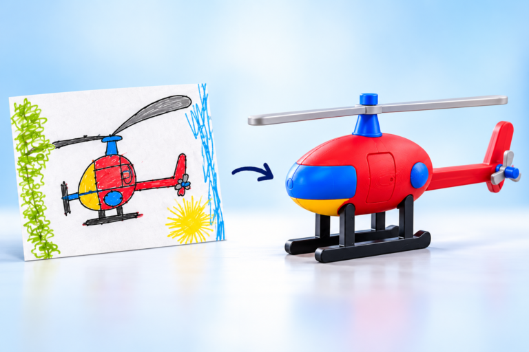 Child’s helicopter drawing beside its matching 3D visual preview
