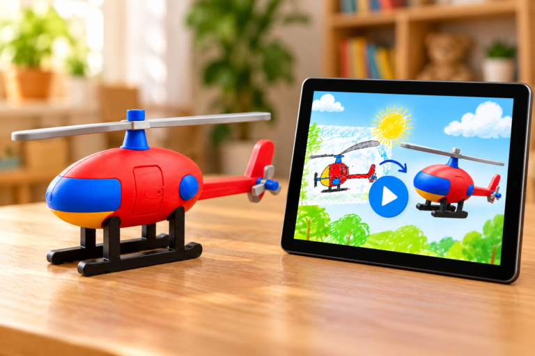 3D printed helicopter keepsake beside a tablet showing its personalized transformation video