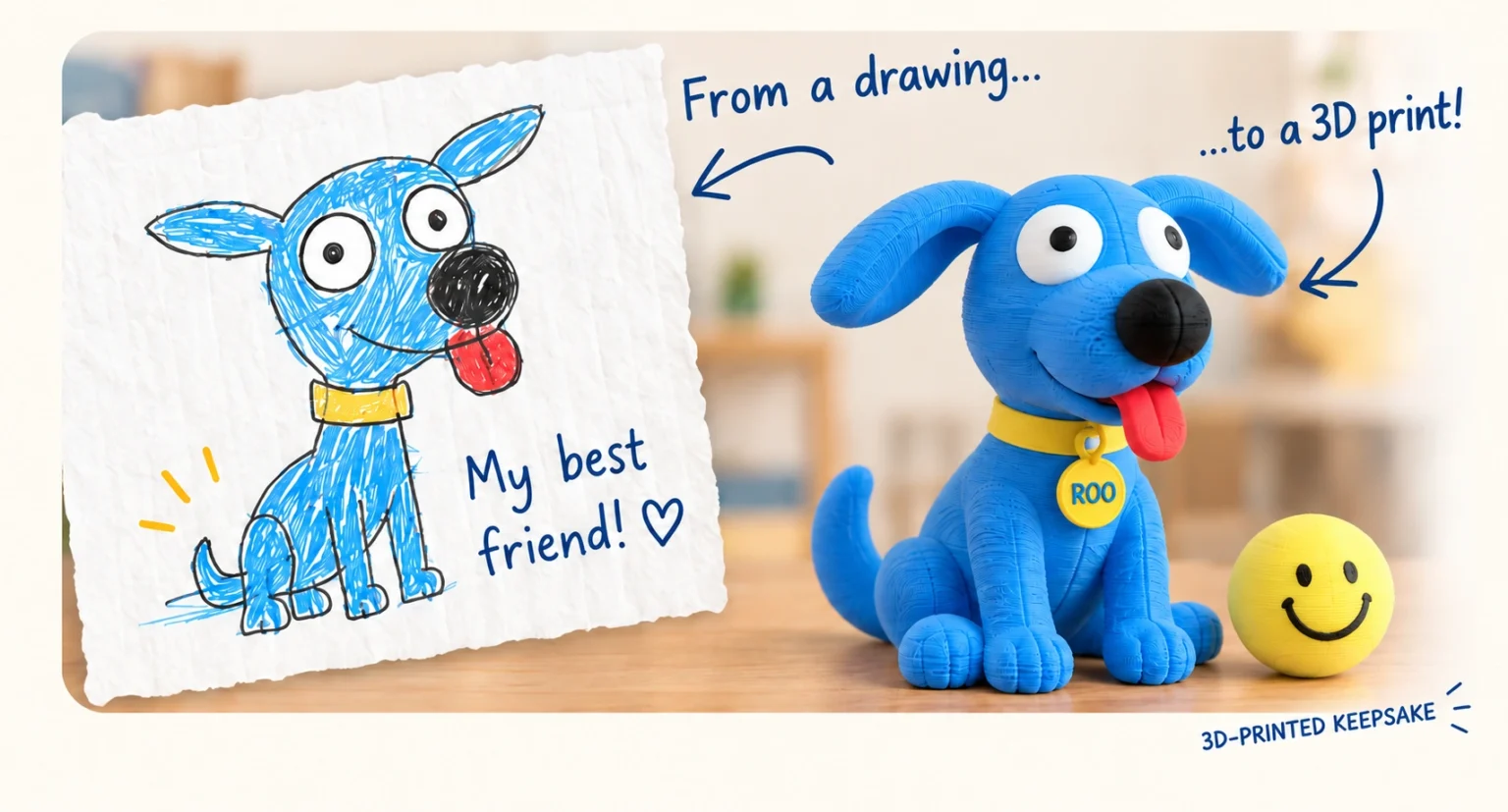 Child’s blue dog drawing beside a blue 3D-printed plastic dog with visible print layers, a yellow ROO collar tag, red tongue and yellow smiley ball.