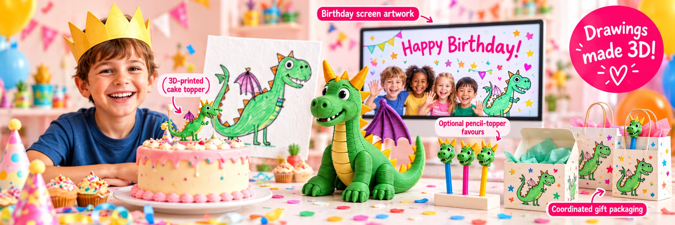 Child’s green dragon drawing with a layered 3D-printed dragon, cake topper, birthday screen artwork, pencil-topper favours and coordinated gift packaging.